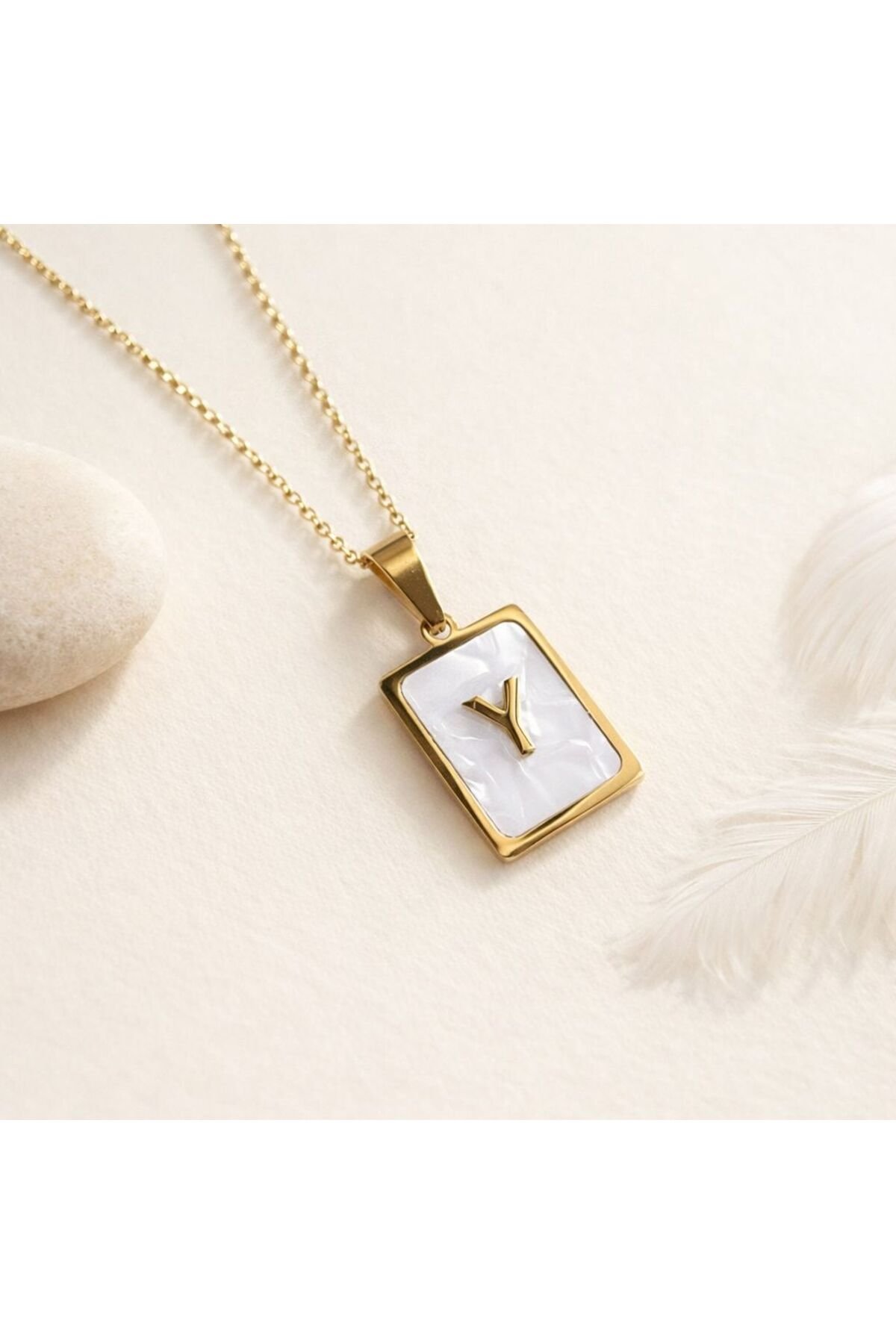 Çelik sedefli Y harfli kolye
