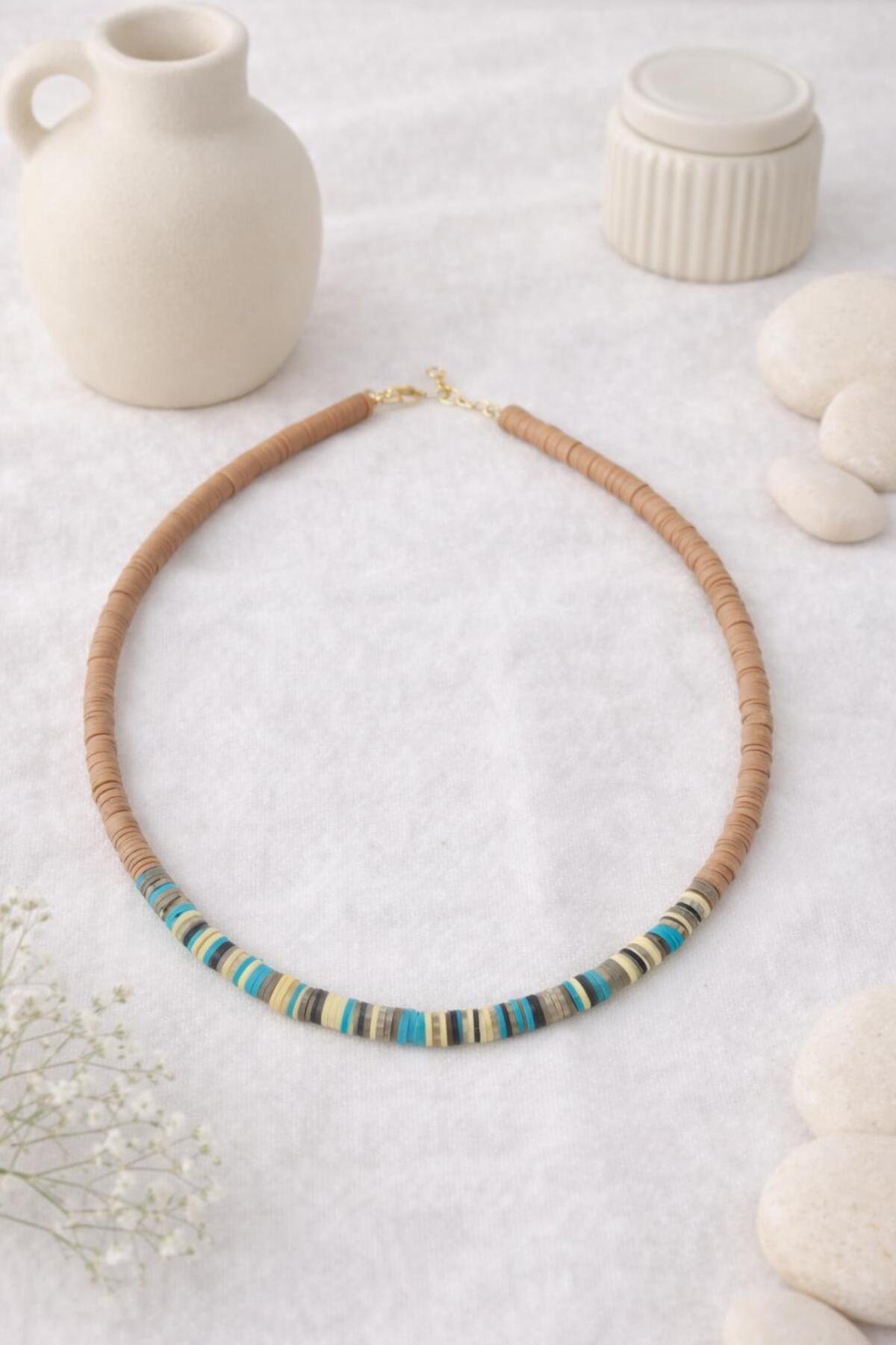 Doğal Tonlar El Yapımı Fimo Boncuk Kolye – Yeşil & Toprak Renkli