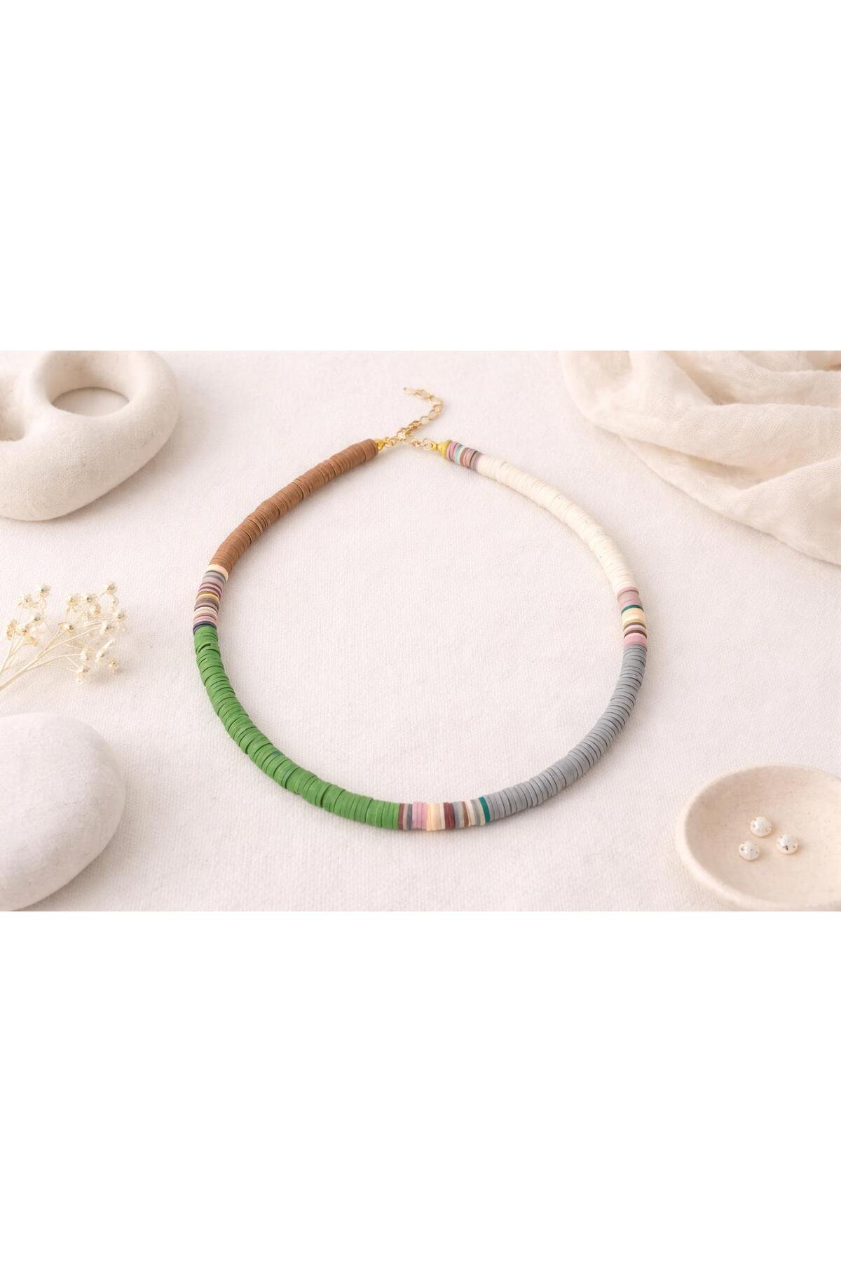 Doğal Renk Geçişli El Yapımı Fimo Boncuk Kolye – Yeşil & Toprak Tonları