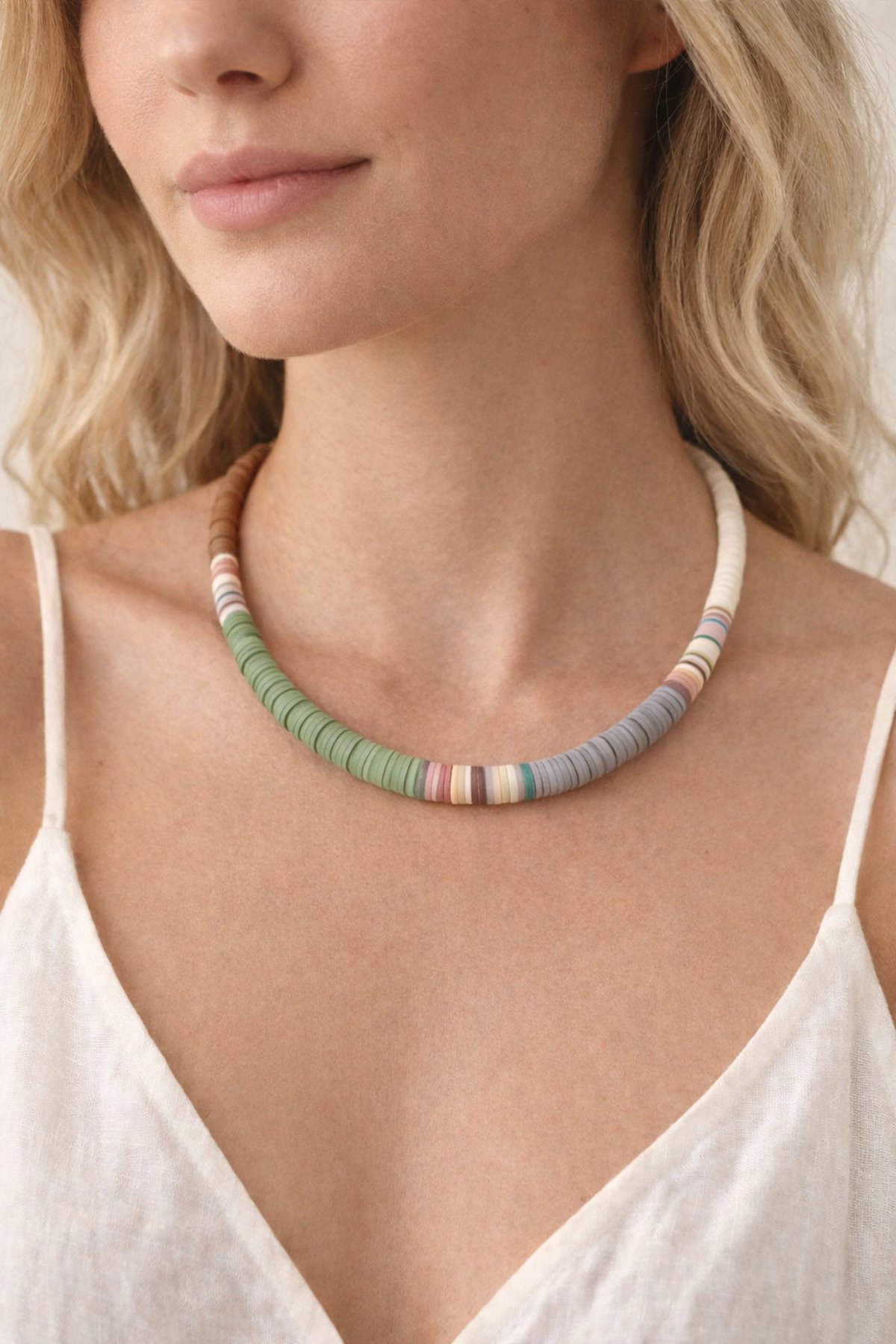 Doğal Renk Geçişli El Yapımı Fimo Boncuk Kolye – Yeşil & Toprak Tonları