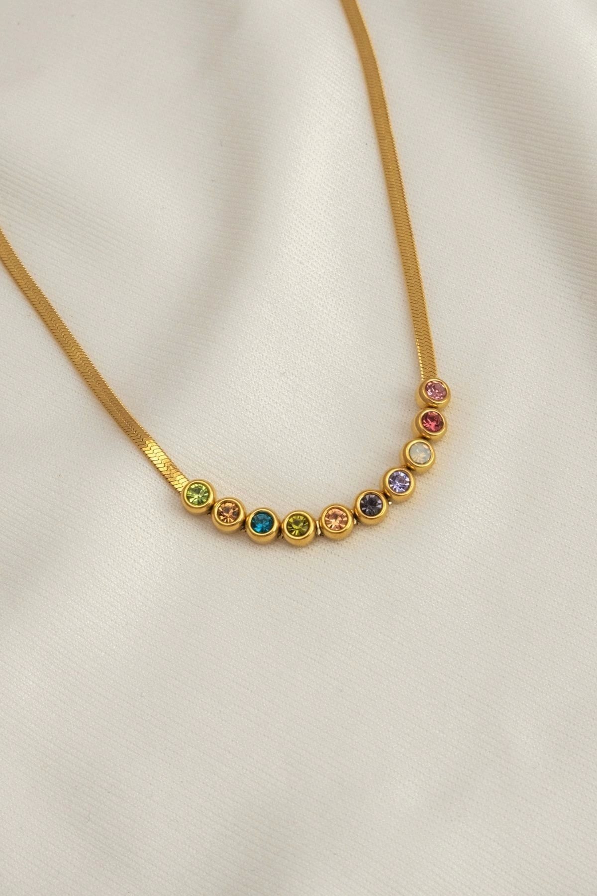 Women's Italian Flat Colored Steel Necklace with Baguette Stone