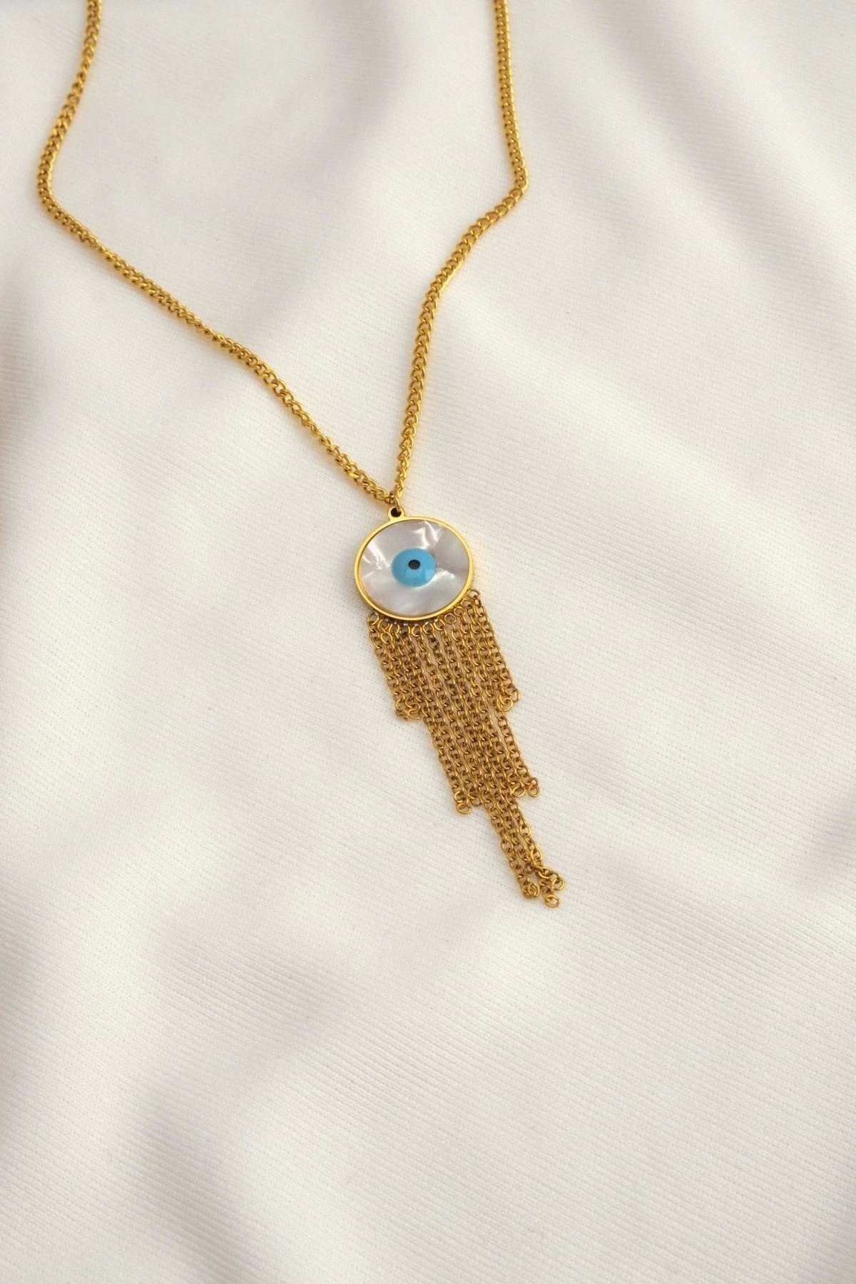 Tasseled Gold Steel Necklace with Evil Eye