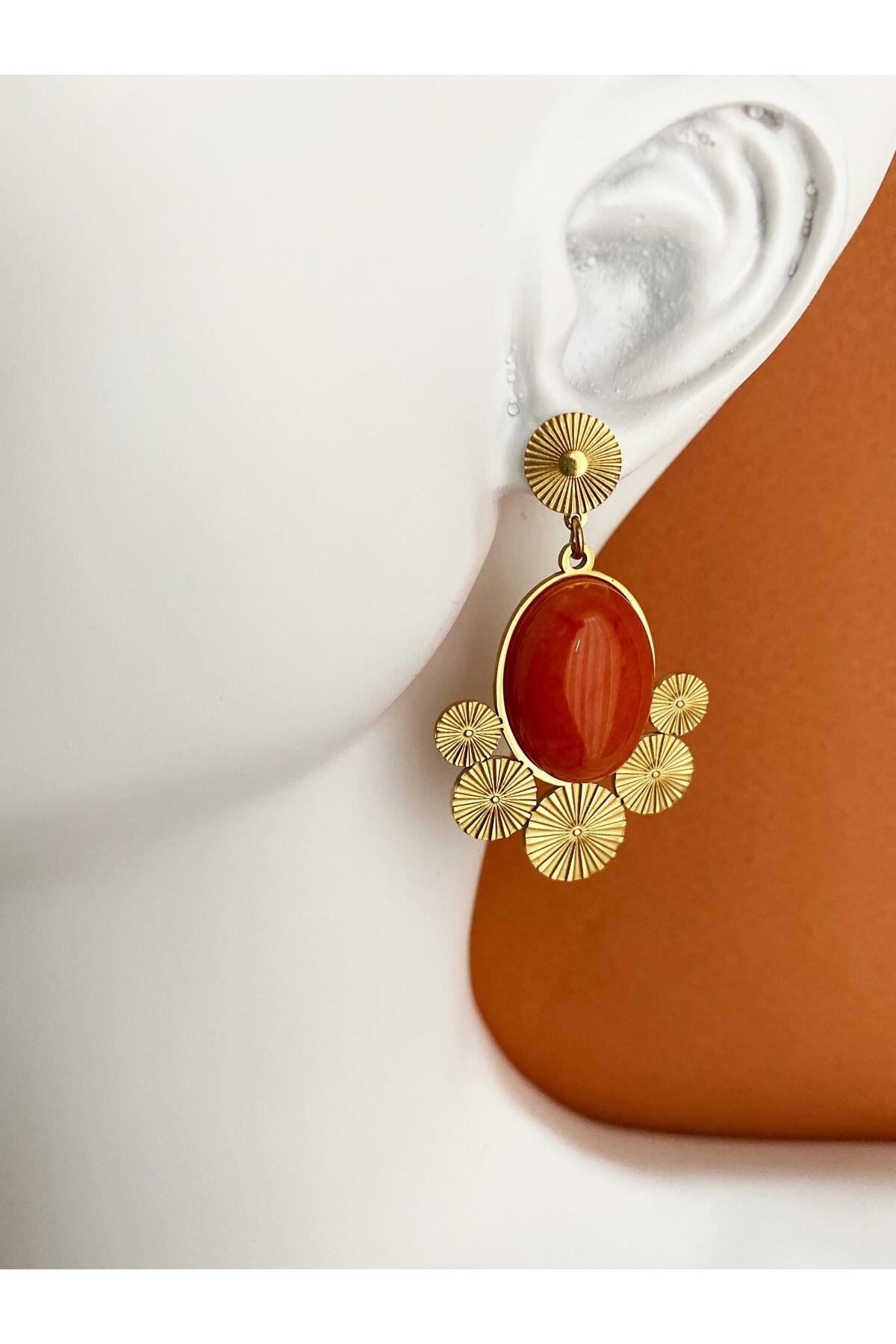 Turuncu Taşlı Vintage Çelik Küpe