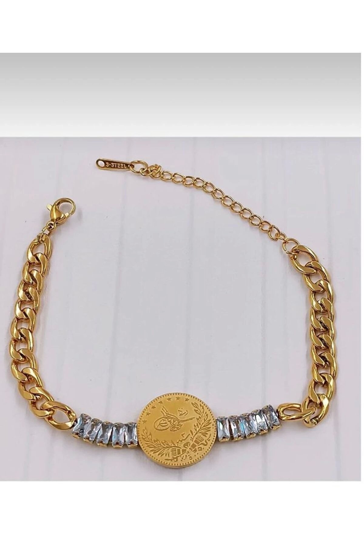 Çelik Gold Baget Taşlı Tuğra Bileklik