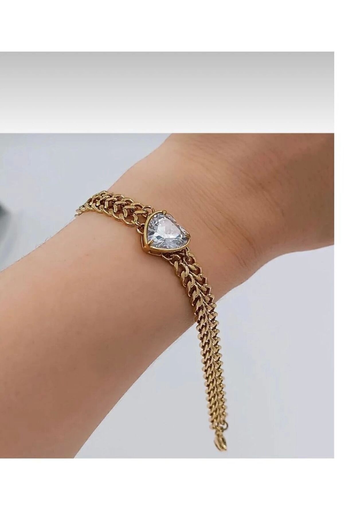 Steel Gold Heart Gemstone Double Chain Bracelet