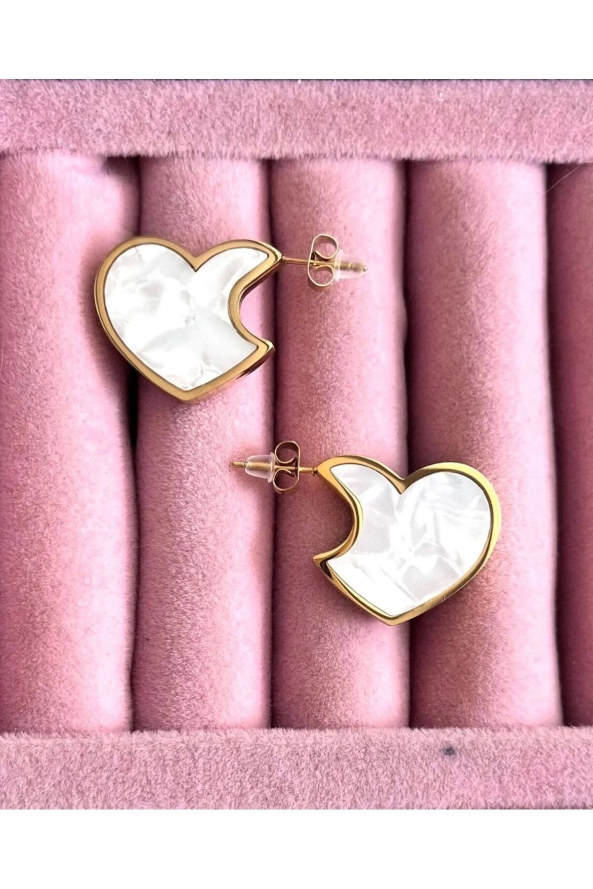 Çift Taraf Beyaz Sedefli Kalp Küpe