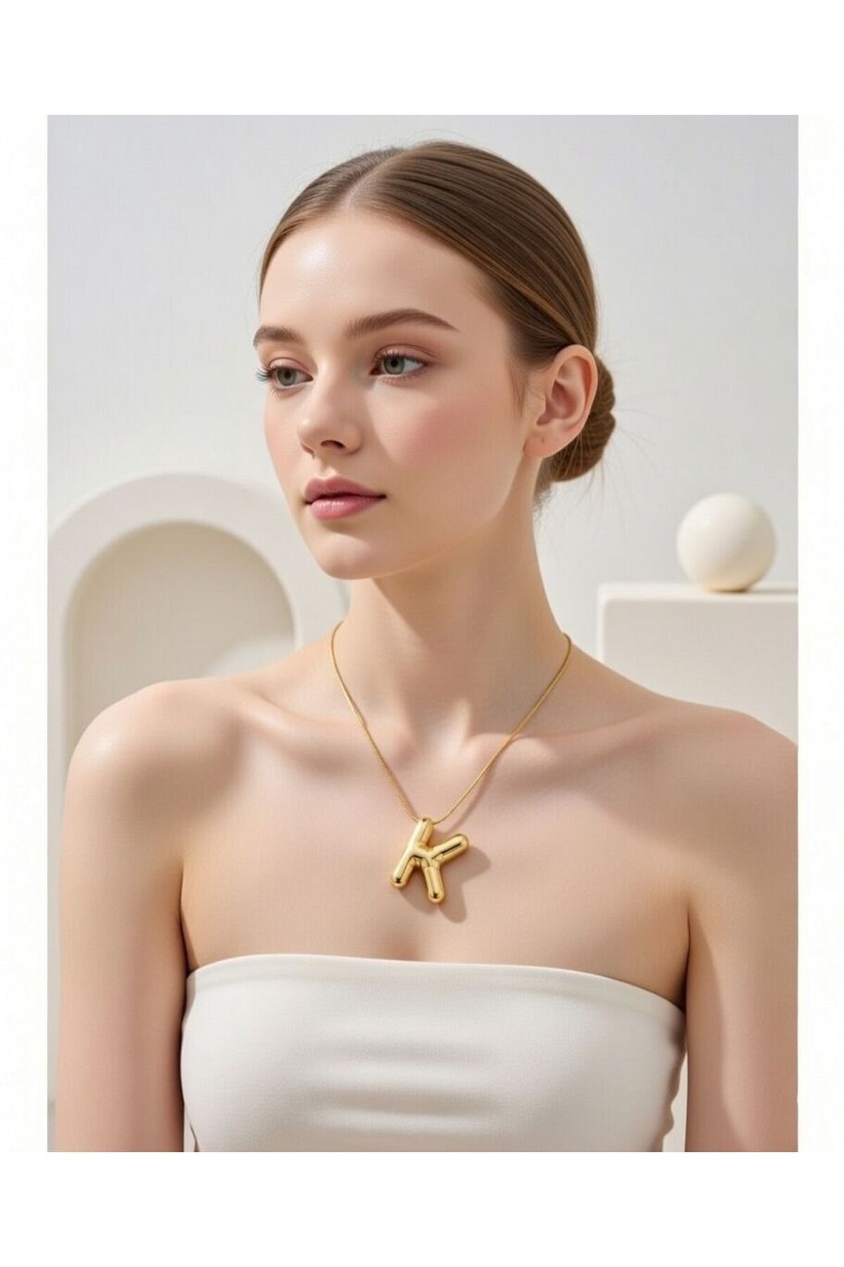 Çelik Zincirli K Harfli Gold Renk Bubble Kolye