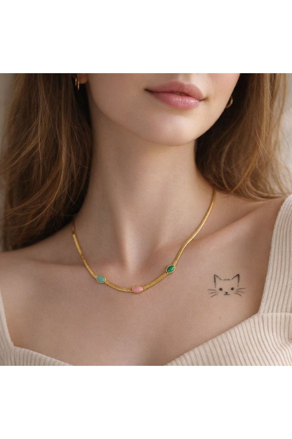 ÜÇ TAŞLI YASSI ÇELİK KOLYE