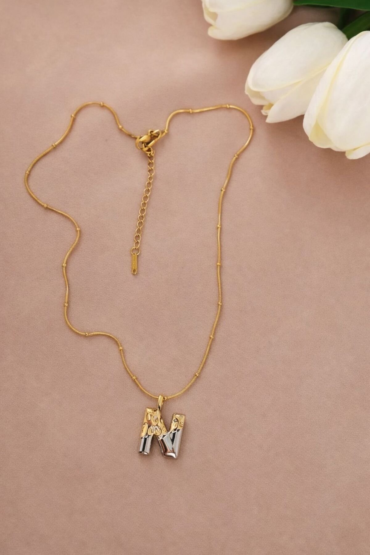 ÇİFT RENKLİ N HARFLİ ÇELİK KOLYE