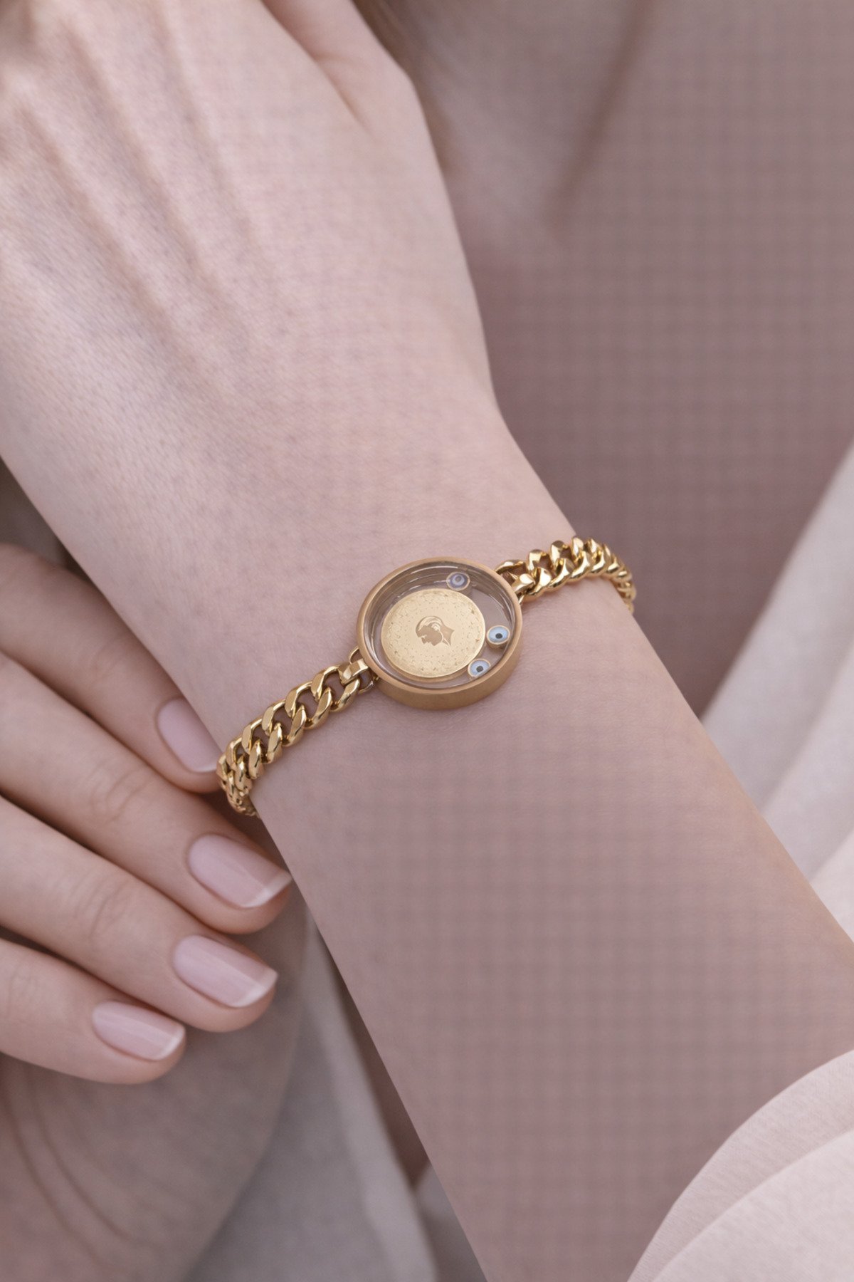 Kristal Cam Muhafazalı Çeyrek Altın Model Detaylı 316L Çelik Bileklik