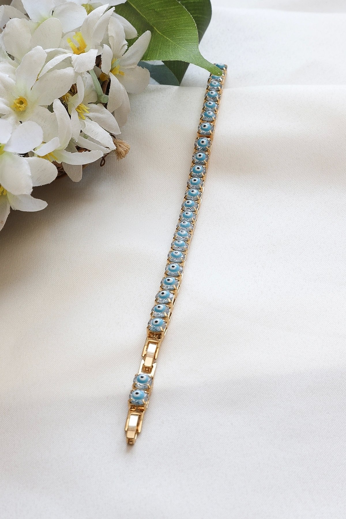 İRİ BOY ZİRKON TAŞ ÜZERİ MİNELİ NAZAR BONCUK GOLD BİLEKLİK