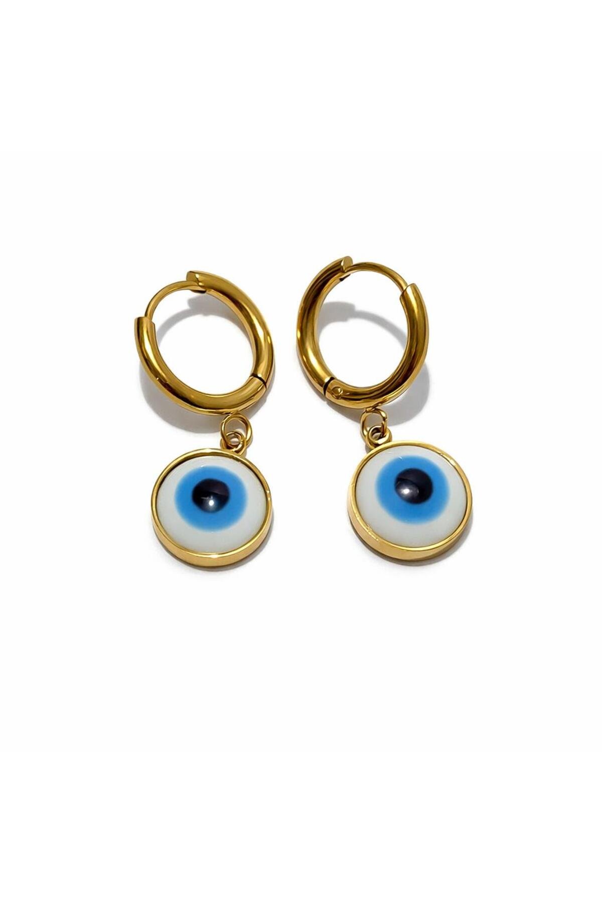 Mavi Nazar Detaylı Gold Halka Küpe