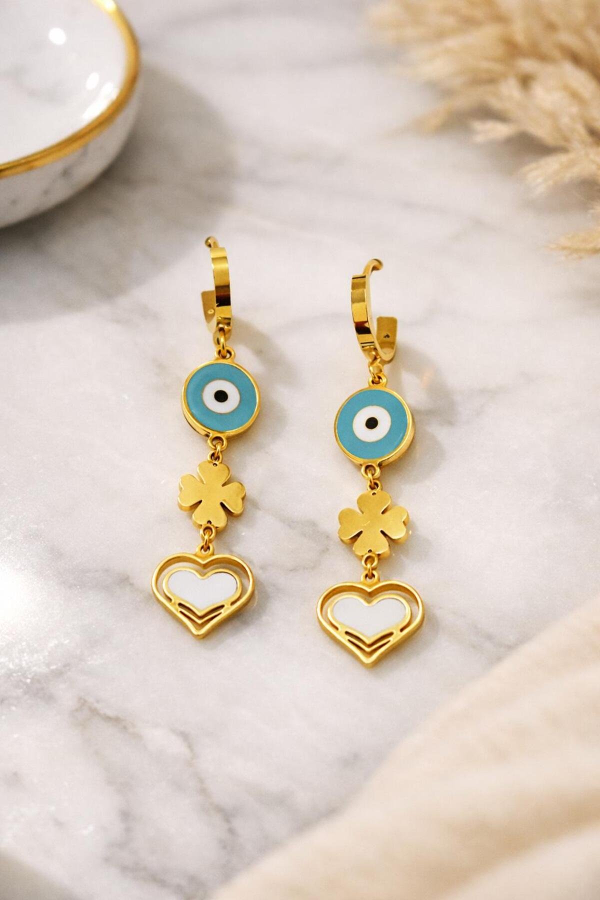 Lucky Heart Nazar Gold Çelik Küpe