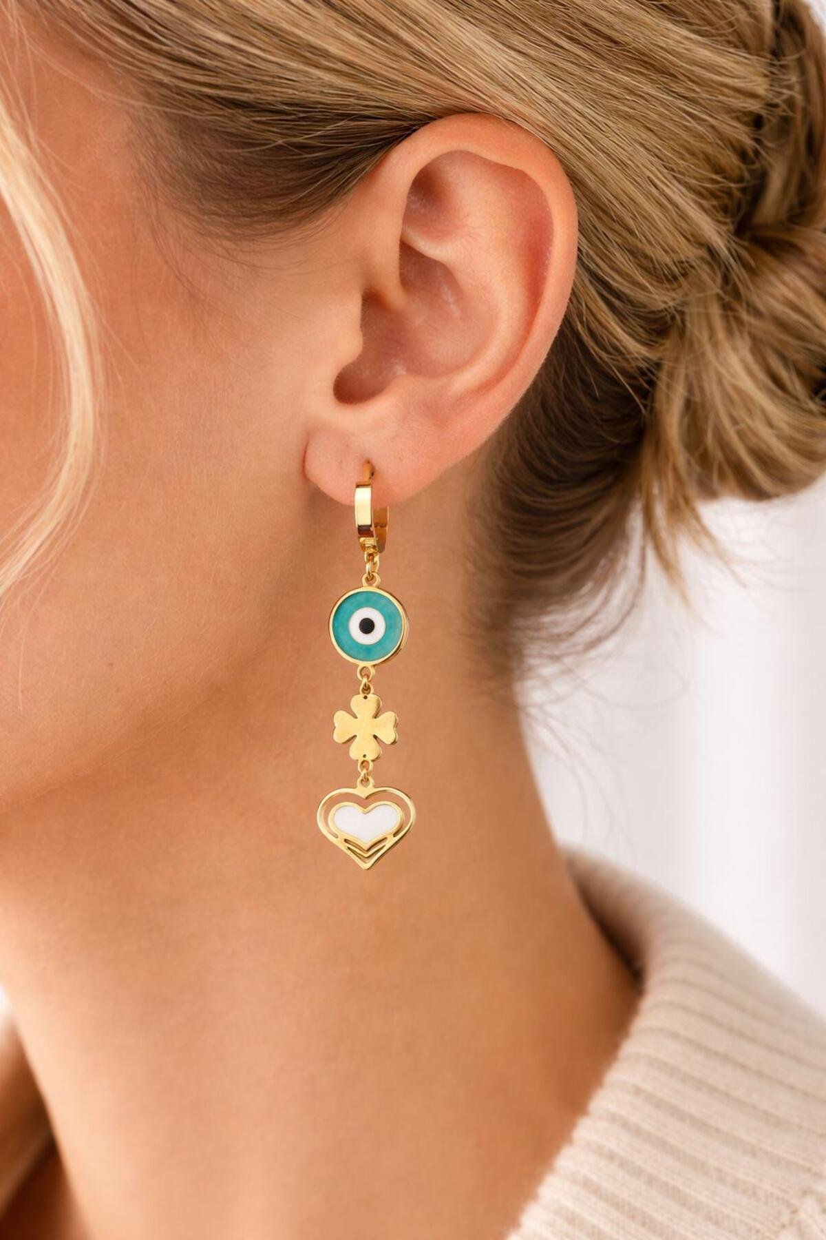 Lucky Heart Nazar Gold Çelik Küpe