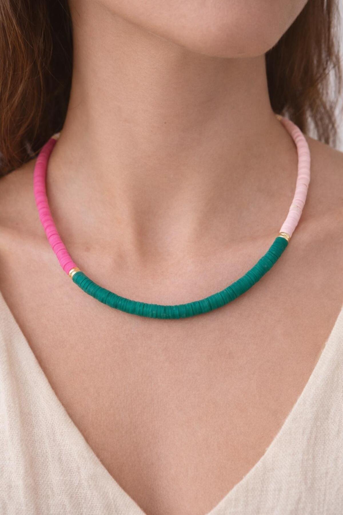 Pembe & Yeşil El Yapımı Fimo Boncuk Kolye – Pastel Tonlu