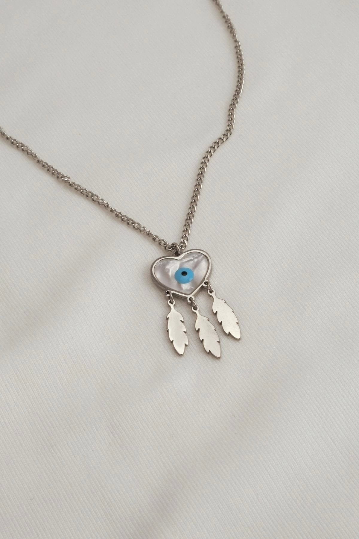 Silver Color Steel Necklace with Evil Eye Heart