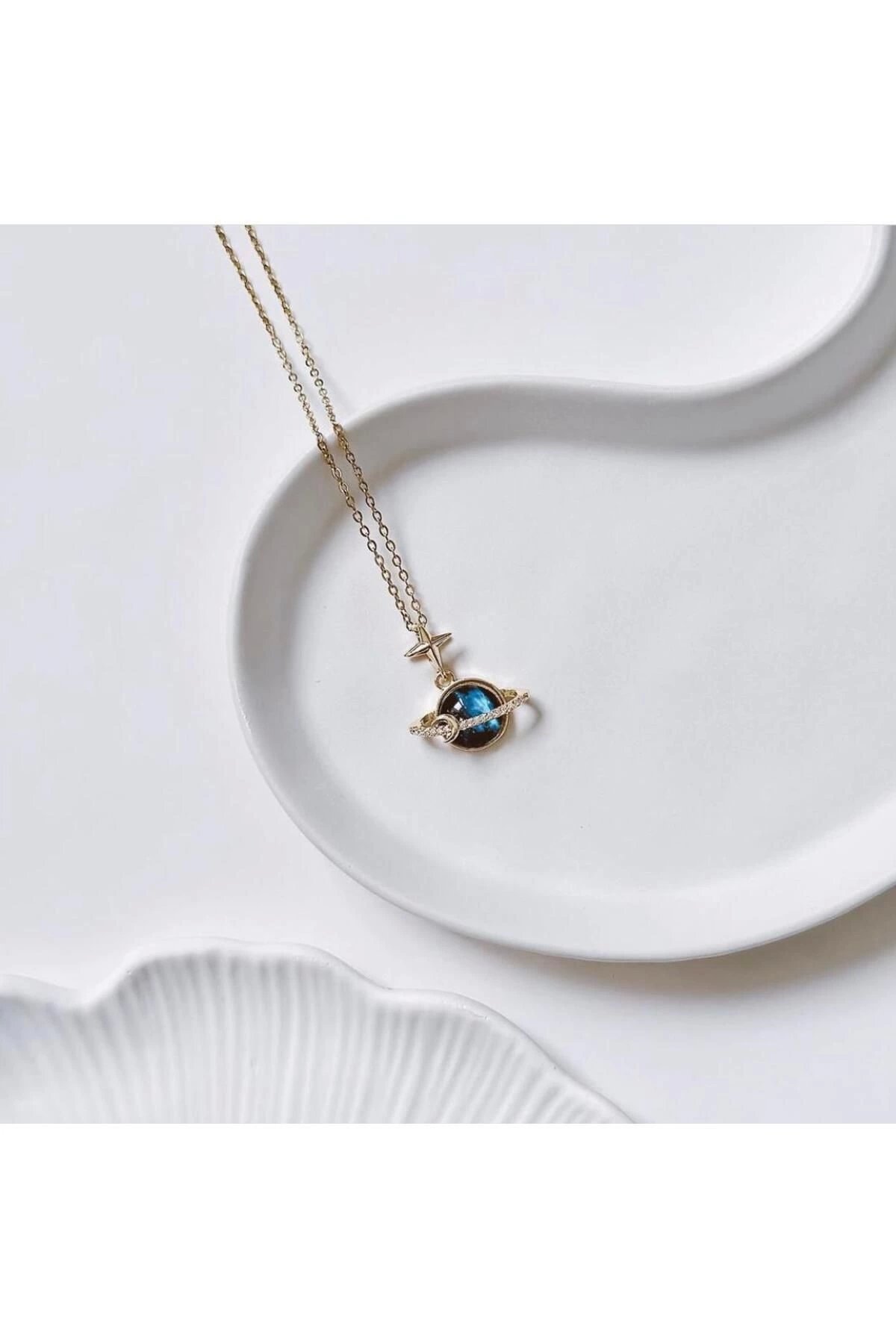 Çelik Kararmaz Anti-alerjik Özel Tasarım GEZEGEN Zirkon RENKLİ Taşlı Gold Kadın Kolye