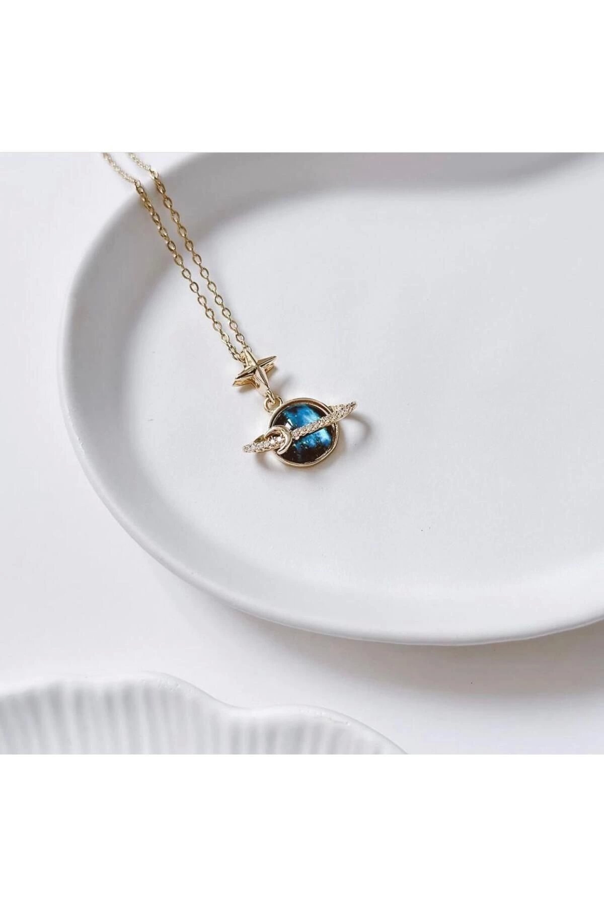 Çelik Kararmaz Anti-alerjik Özel Tasarım GEZEGEN Zirkon RENKLİ Taşlı Gold Kadın Kolye