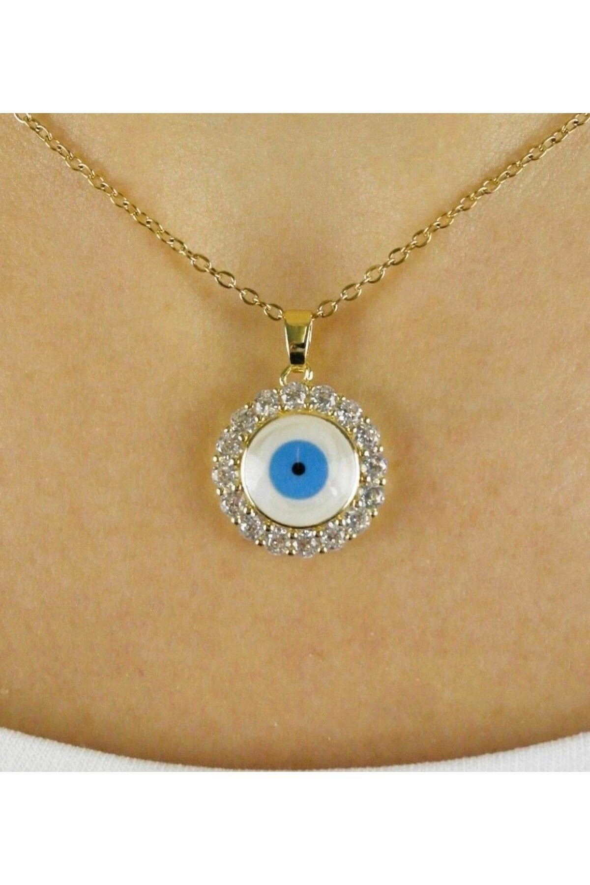 NAZAR BONCUĞU GÖZ FİGÜRLÜ ZİRKON TAŞLI ÇELİK KOLYE