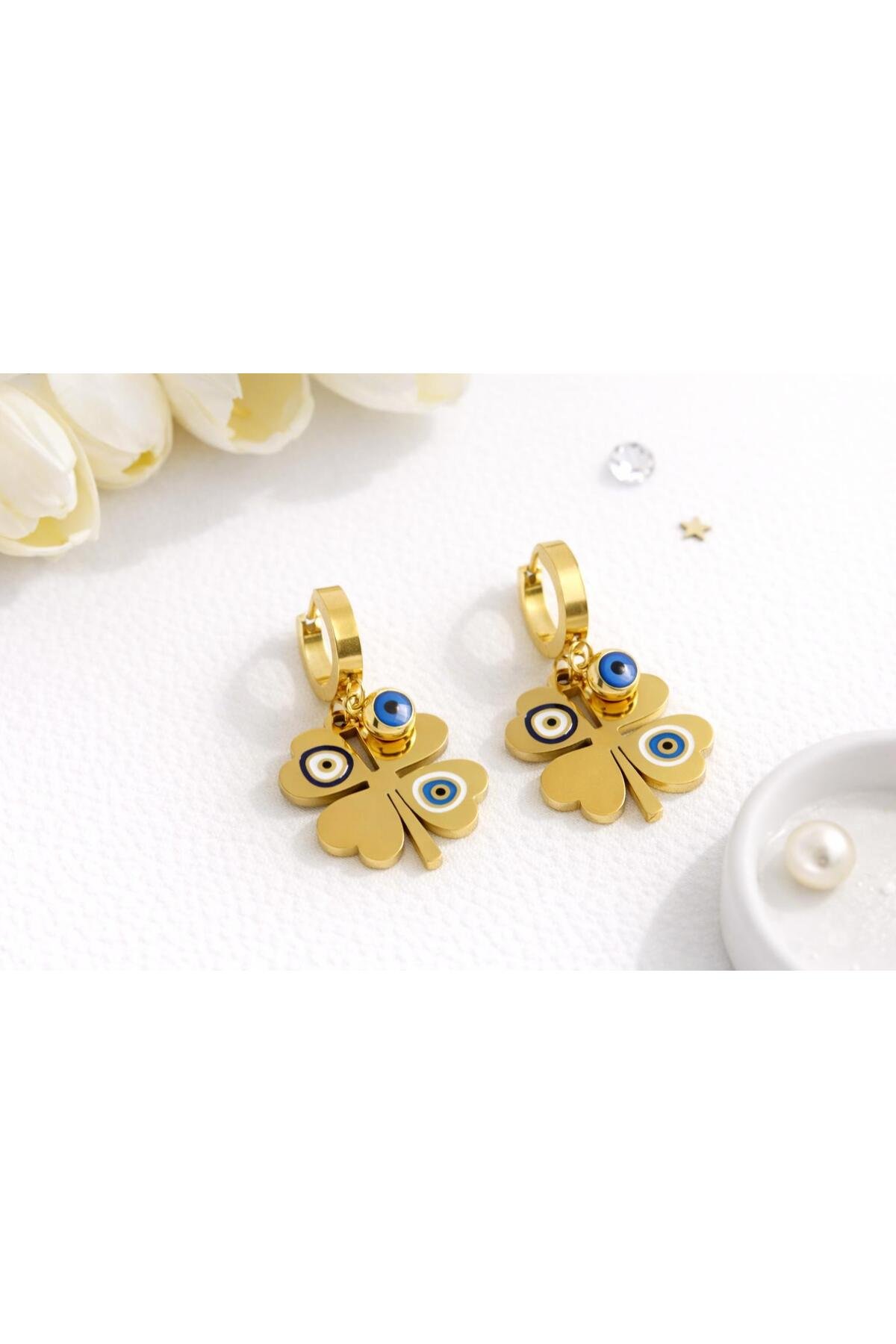 Yonca Mineli Lüks Çelik Küpe